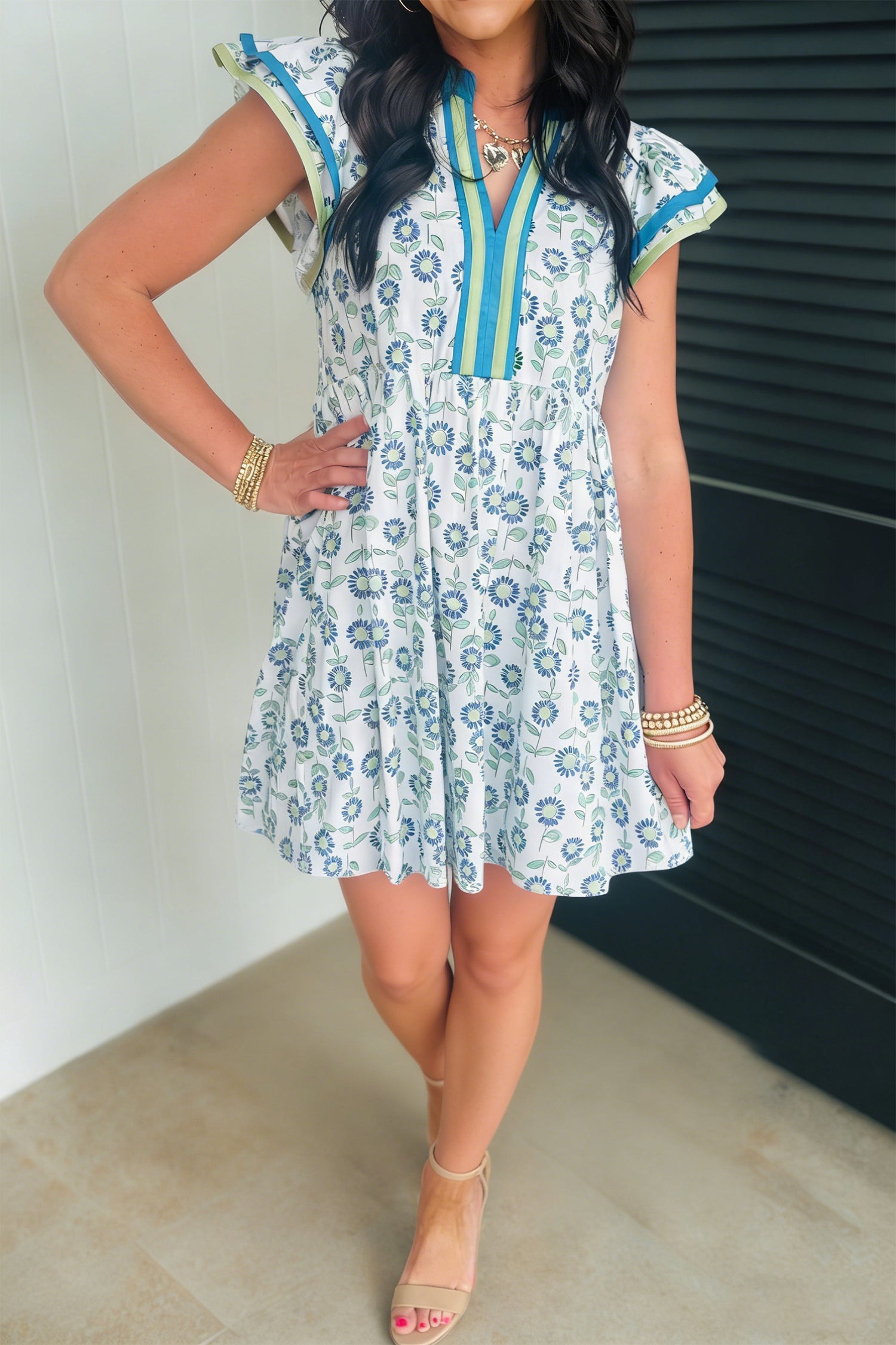 Floral Contrast Trim V-Neck Flutter Sleeve Mini Dress