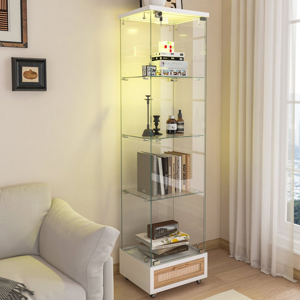 Modern Glass Display Cabinet with Drawer , Quick-assembly Antique Cabinet with LED lights, Tempered Glass Bookshelf,  1-Door Storage Case with 4 Shelves  for Living Room and Bedroom, white and natural