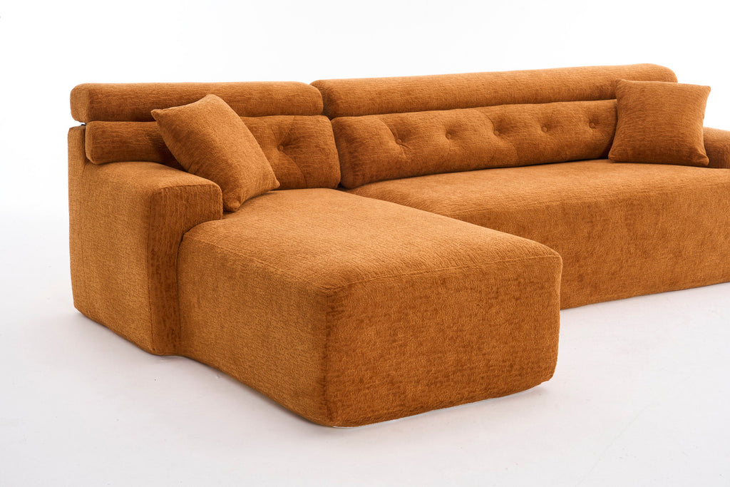 LY-029B Convertible Chaise Sectional Sofa, Full Compression Sponge Modular Couch for Apartment Living Room,Orange 3-Seater with Wood Grain Chenille, 2 Pillows Included, 86'L
