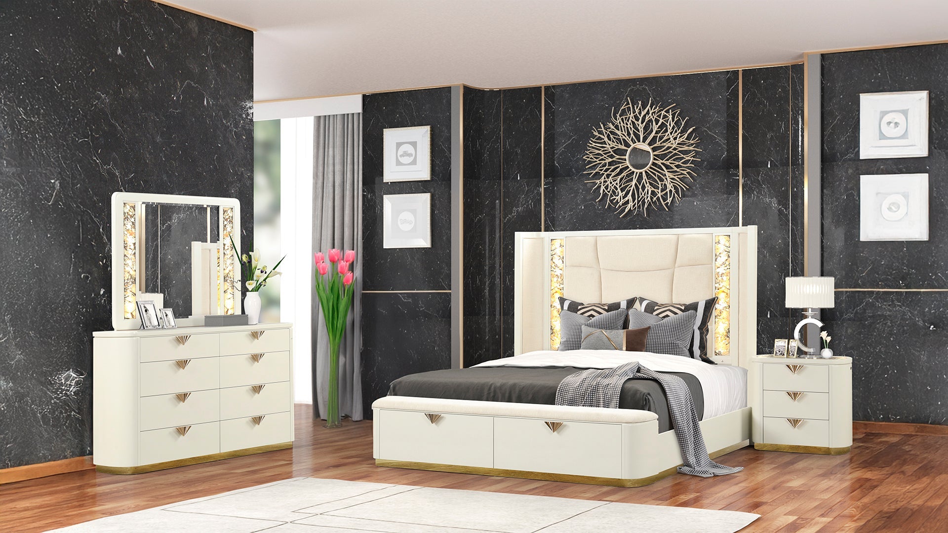 La Pierre Modern Style 4 Pc King Upholstered Bedroom Set Made with Wood and Gold Accents in Beige(NJ INVENTORY)