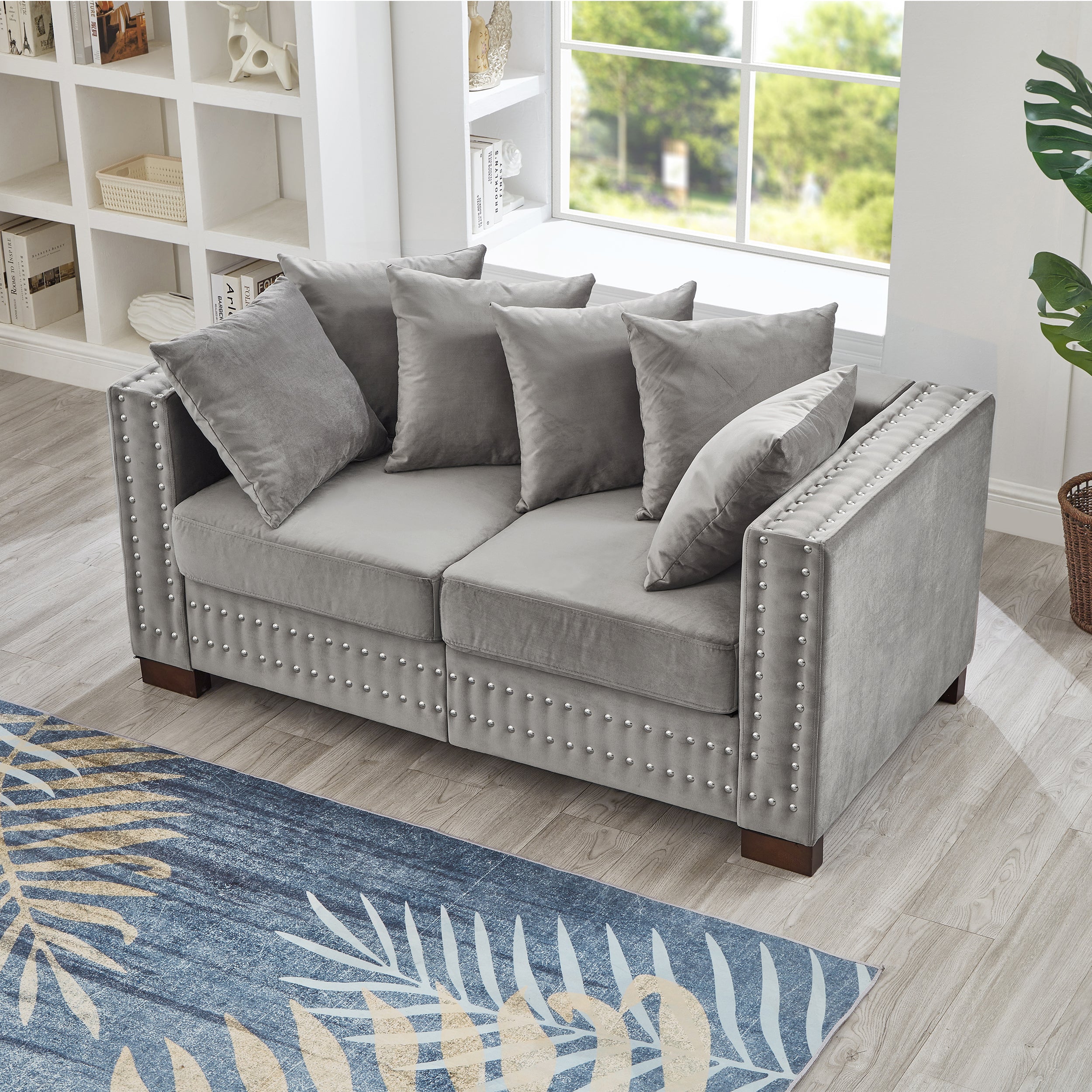Modern Design Living Room Sofa 2+3 Seater Square armrest with Silver Nails Decoration Upholstered Velvet Couch Grey