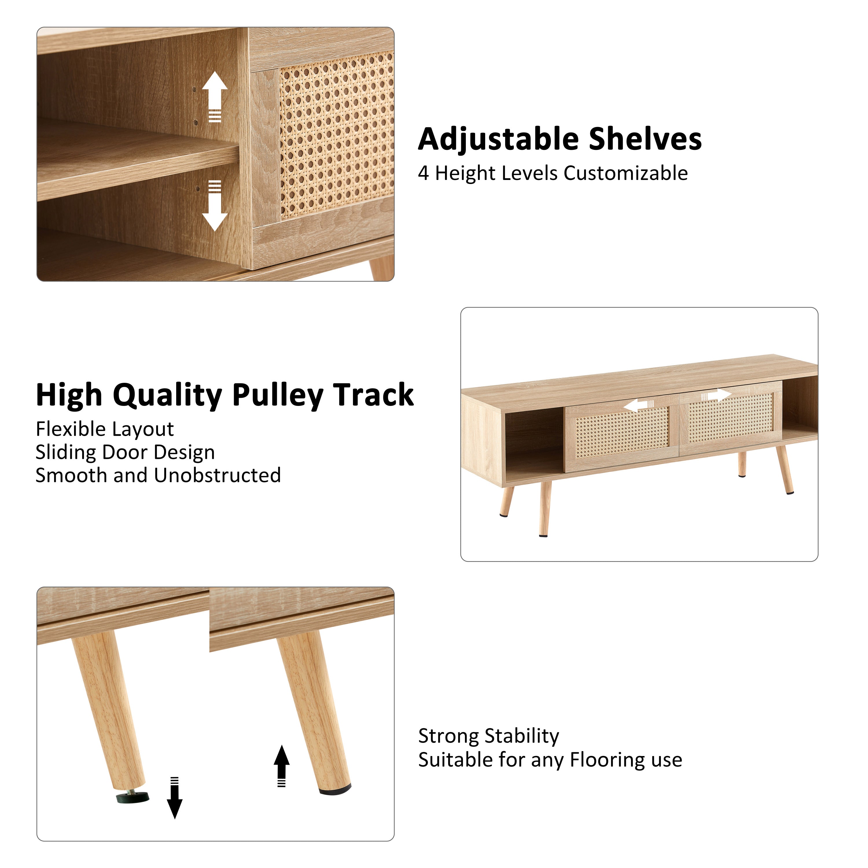 Natural Rattan TV Cabinet with Double Sliding Doors, Adjustable Shelf, Solid Wood Legs, 55.12 Inches
