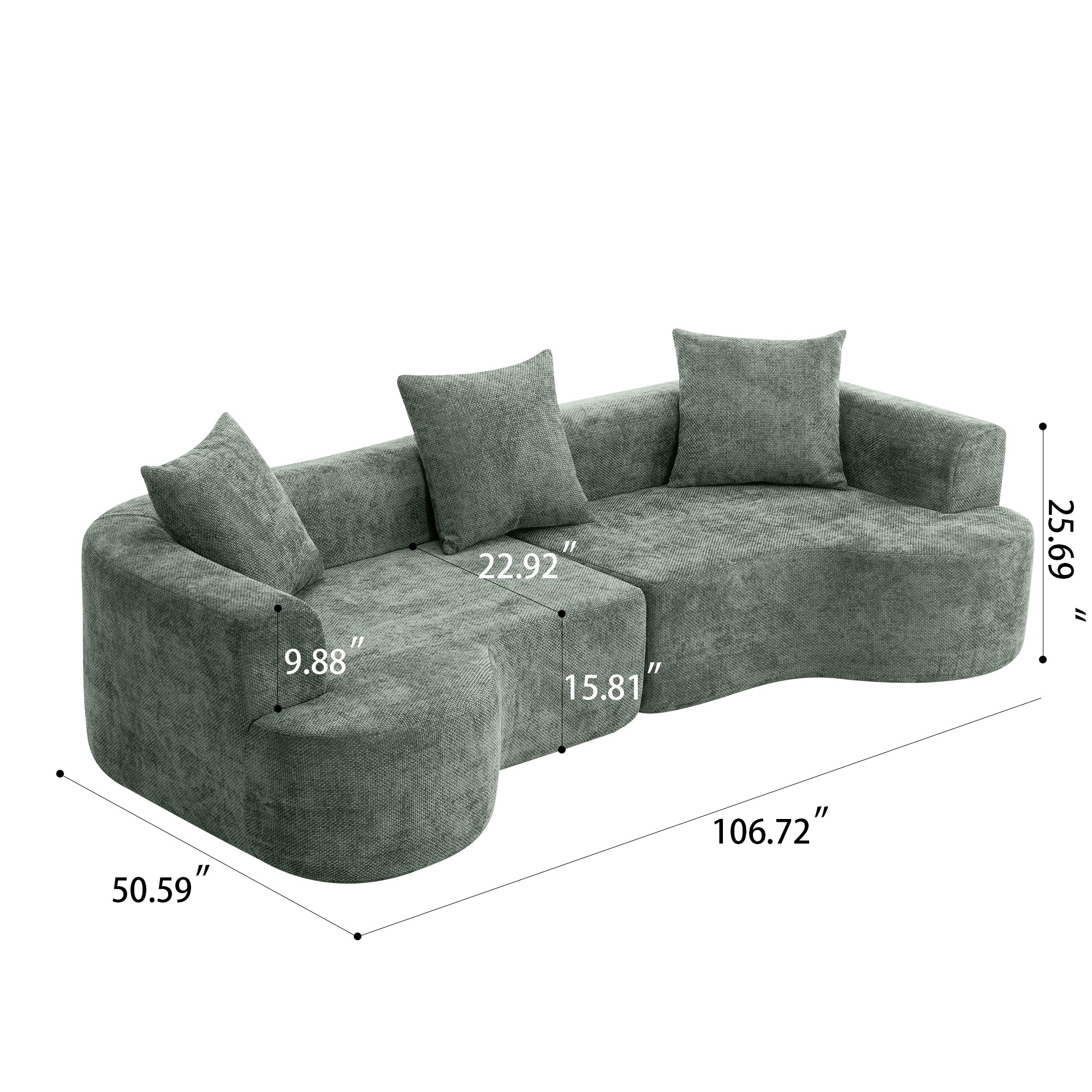 Modern Style Green Curved Sofa, Soft Corduroy Sofa with 3 Pillows, Living Room Milky White Ultra Smooth Curved Fabric Sofa