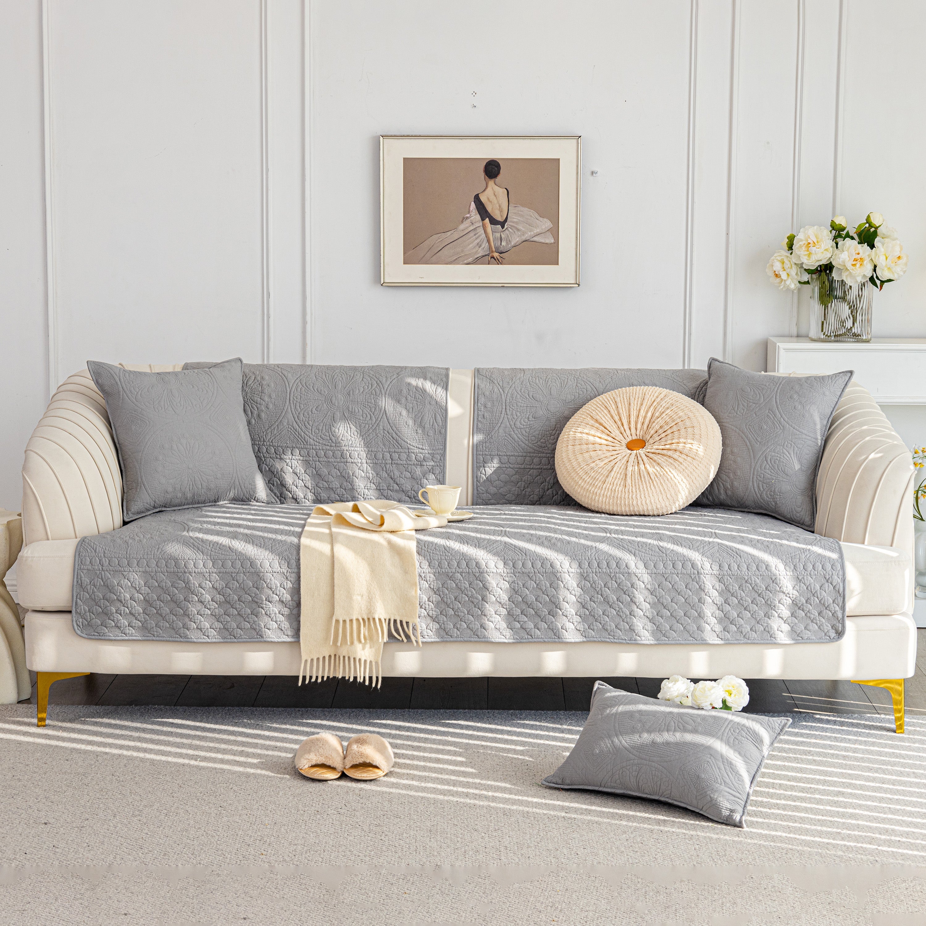 Cotton Quilted Sofa Cover, Non-Slip Couch Protector Fits Backrest, Seat & Armrest