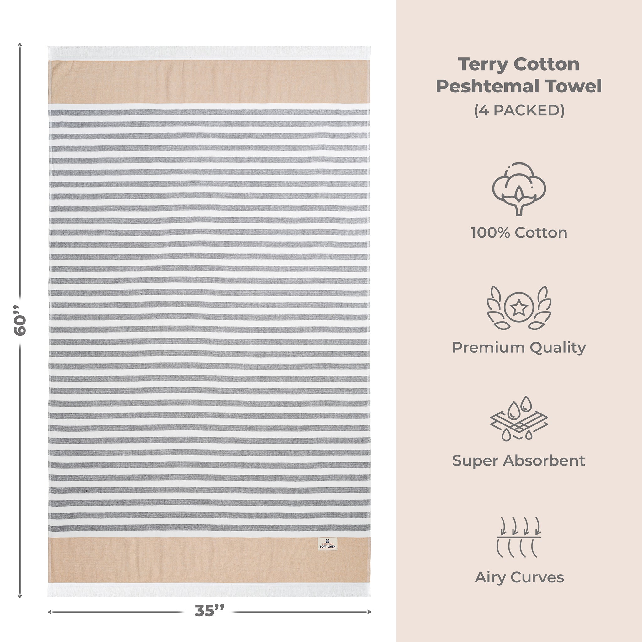 4 Packed Terry Peshtemal and Premium Beach Towel, Mediterranean Cotton Turkish Peshtemals, 35" x 60",  Modern & Traditional Turkish Bath Towels