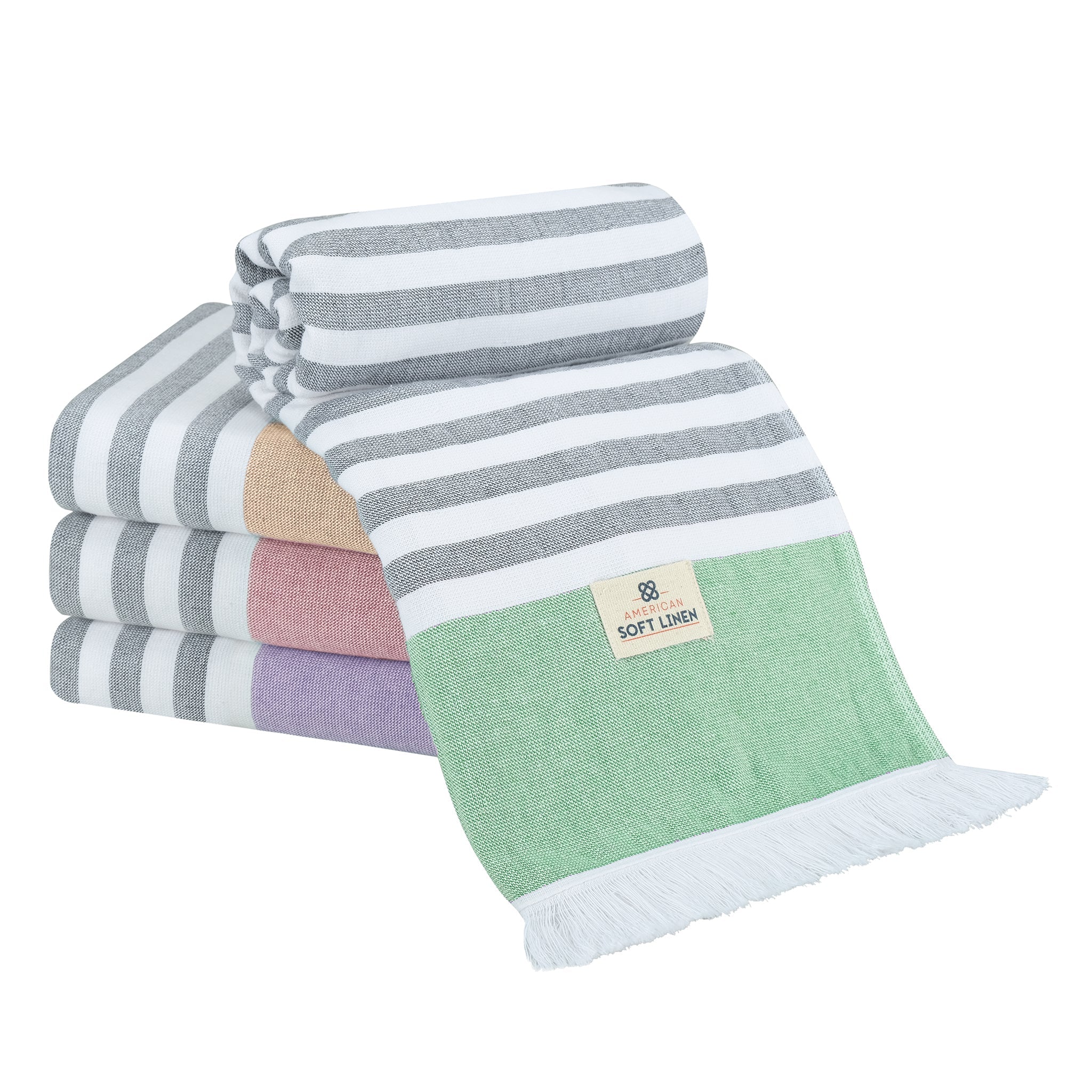 4 Packed Terry Peshtemal and Premium Beach Towel, Mediterranean Cotton Turkish Peshtemals, 35" x 60",  Modern & Traditional Turkish Bath Towels
