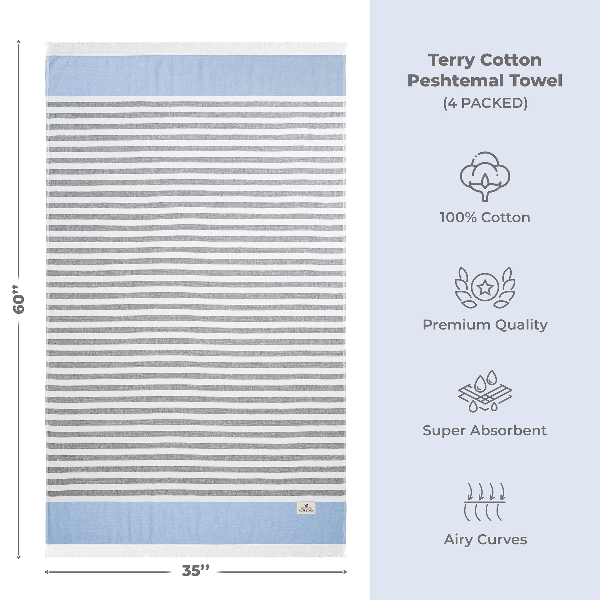 4 Packed Terry Peshtemal and Premium Beach Towel, Mediterranean Cotton Turkish Peshtemals, 35" x 60",  Modern & Traditional Turkish Bath Towels