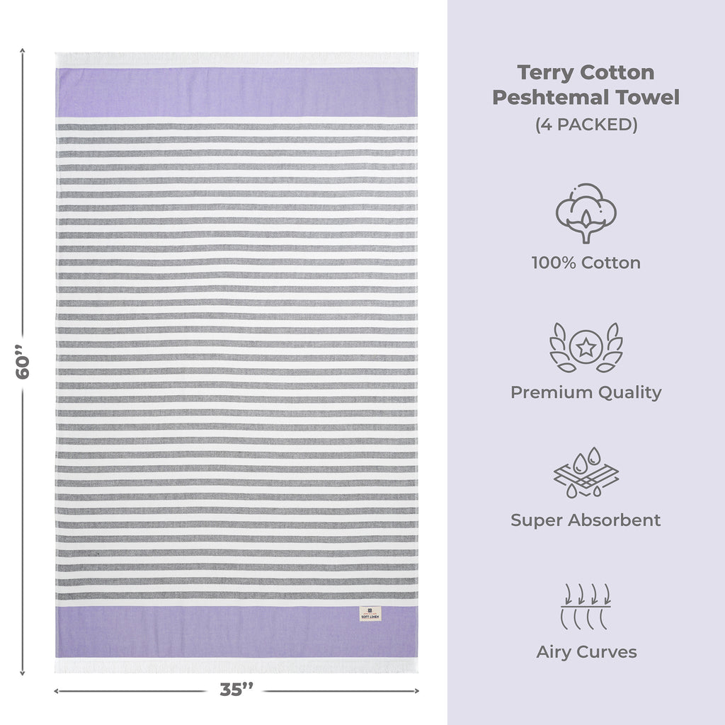 4 Packed Terry Peshtemal and Premium Beach Towel, Mediterranean Cotton Turkish Peshtemals, 35" x 60",  Modern & Traditional Turkish Bath Towels