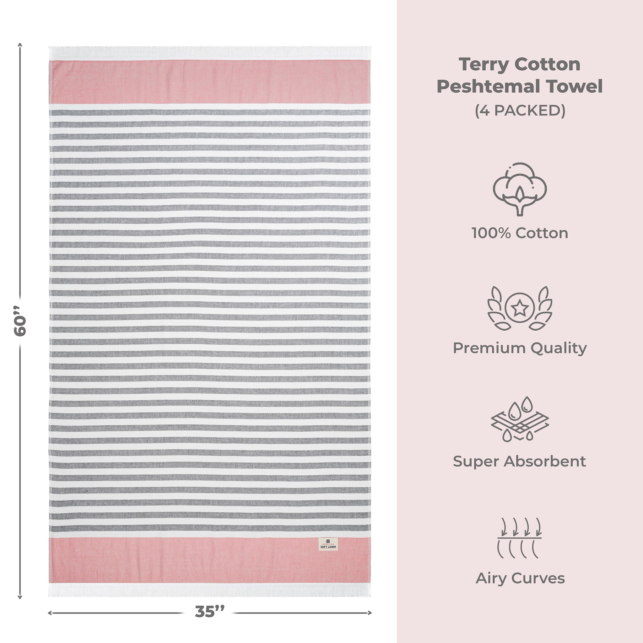 4 Packed Terry Peshtemal and Premium Beach Towel, Mediterranean Cotton Turkish Peshtemals, 35" x 60",  Modern & Traditional Turkish Bath Towels