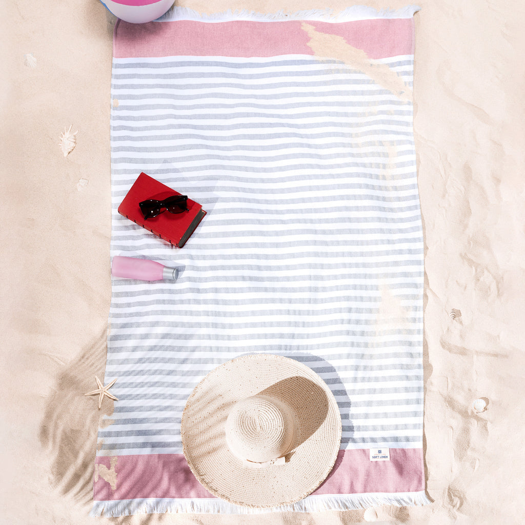 4 Packed Terry Peshtemal and Premium Beach Towel, Mediterranean Cotton Turkish Peshtemals, 35" x 60",  Modern & Traditional Turkish Bath Towels