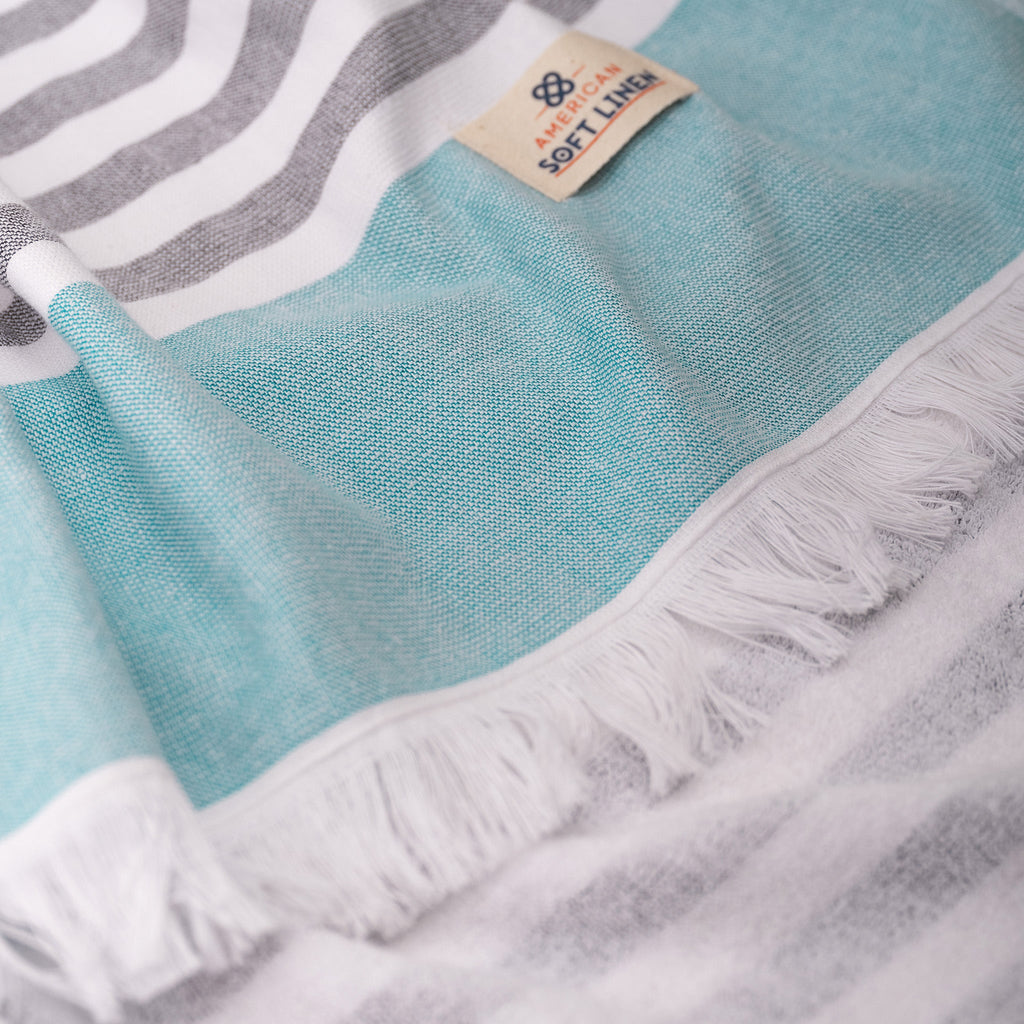 4 Packed Terry Peshtemal and Premium Beach Towel, Mediterranean Cotton Turkish Peshtemals, 35" x 60",  Modern & Traditional Turkish Bath Towels