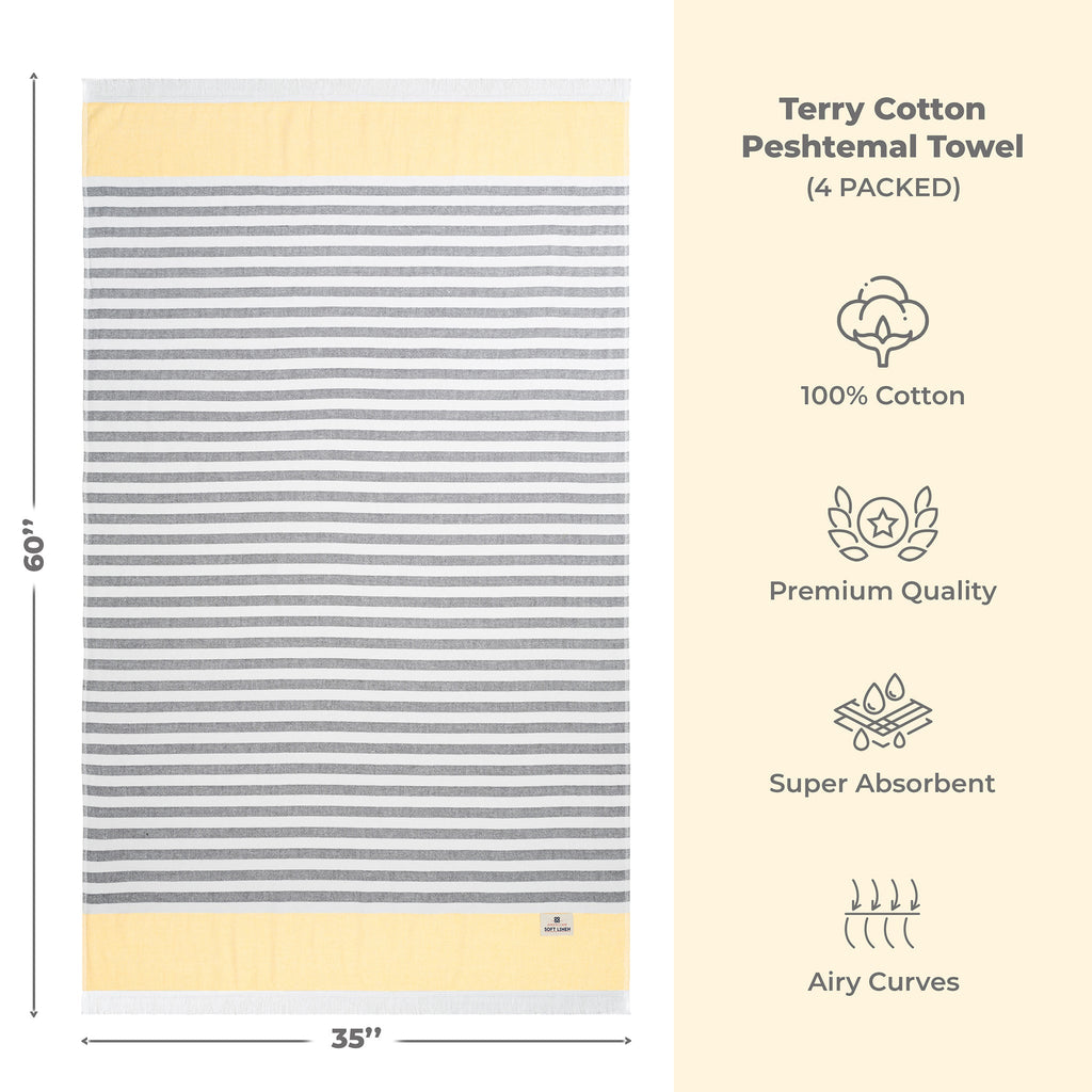 4 Packed Terry Peshtemal and Premium Beach Towel, Mediterranean Cotton Turkish Peshtemals, 35" x 60",  Modern & Traditional Turkish Bath Towels
