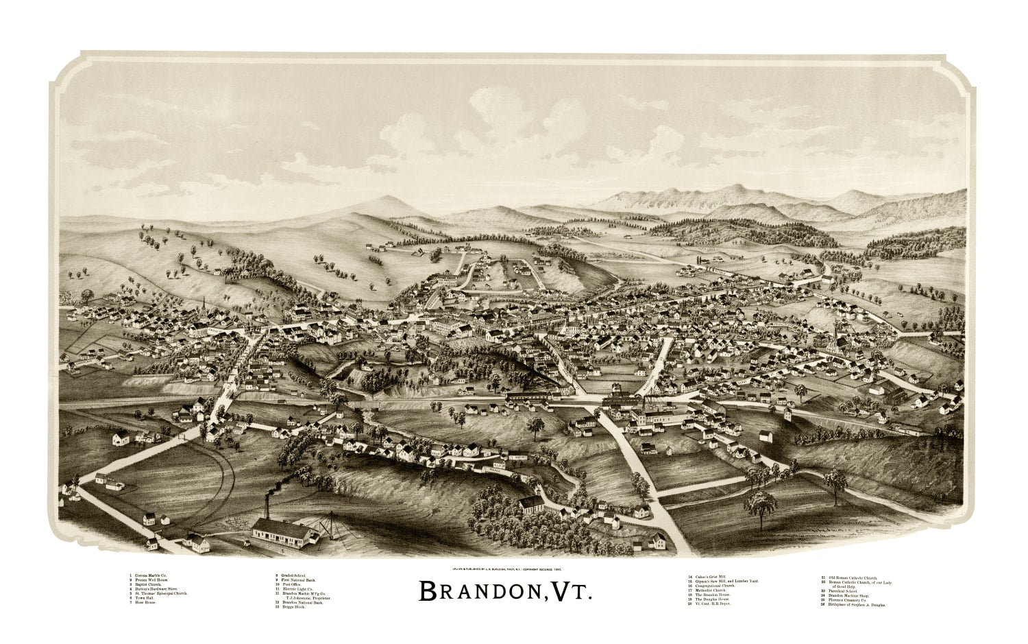 Vintage Map of Brandon, Vermont 1890