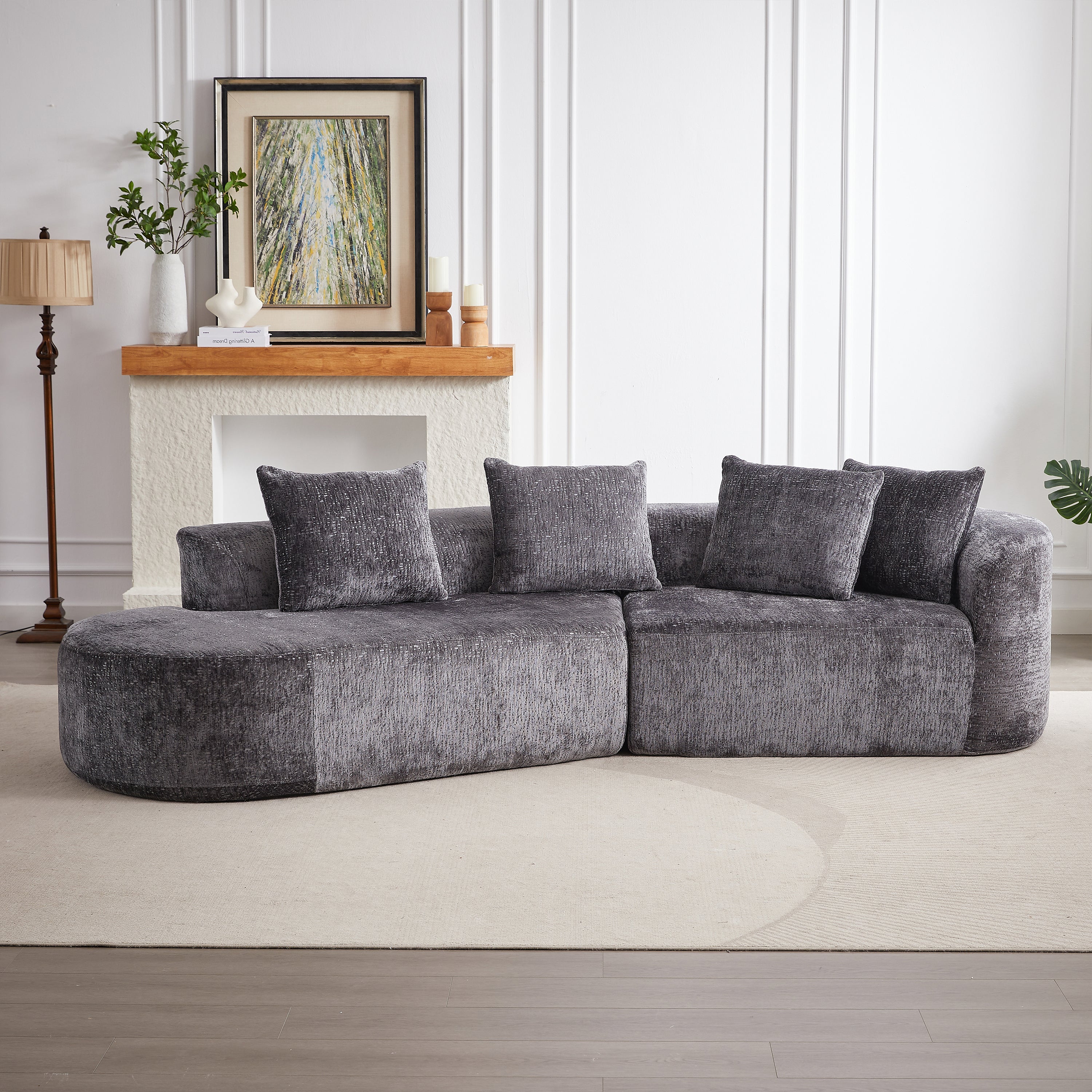 Modern Upholstered Oversized Sectional Sofa, 114-Inch Chenille 4-Seater Extra Deep & Wide Seat Curved Cloud Couch with 4 Throw Pillows, Free Combination Sofa Couch for Living Room,Bedroom