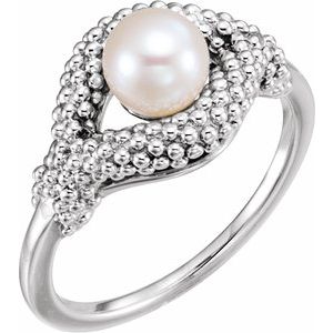 14K White Gold Cultured White Freshwater Pearl Beaded Ring