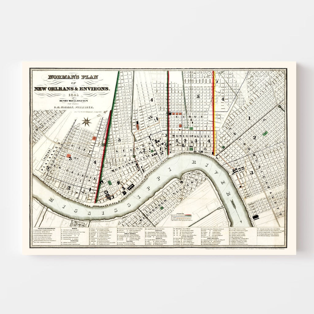Vintage Map of New Orleans, Louisiana 1845