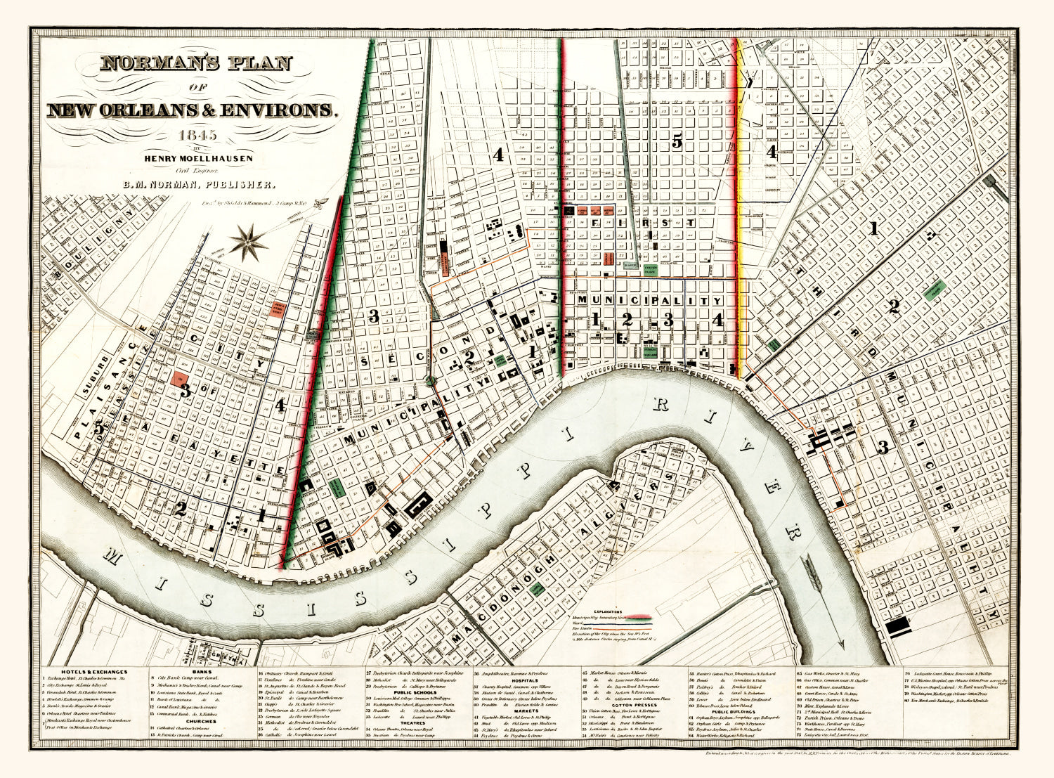 Vintage Map of New Orleans, Louisiana 1845