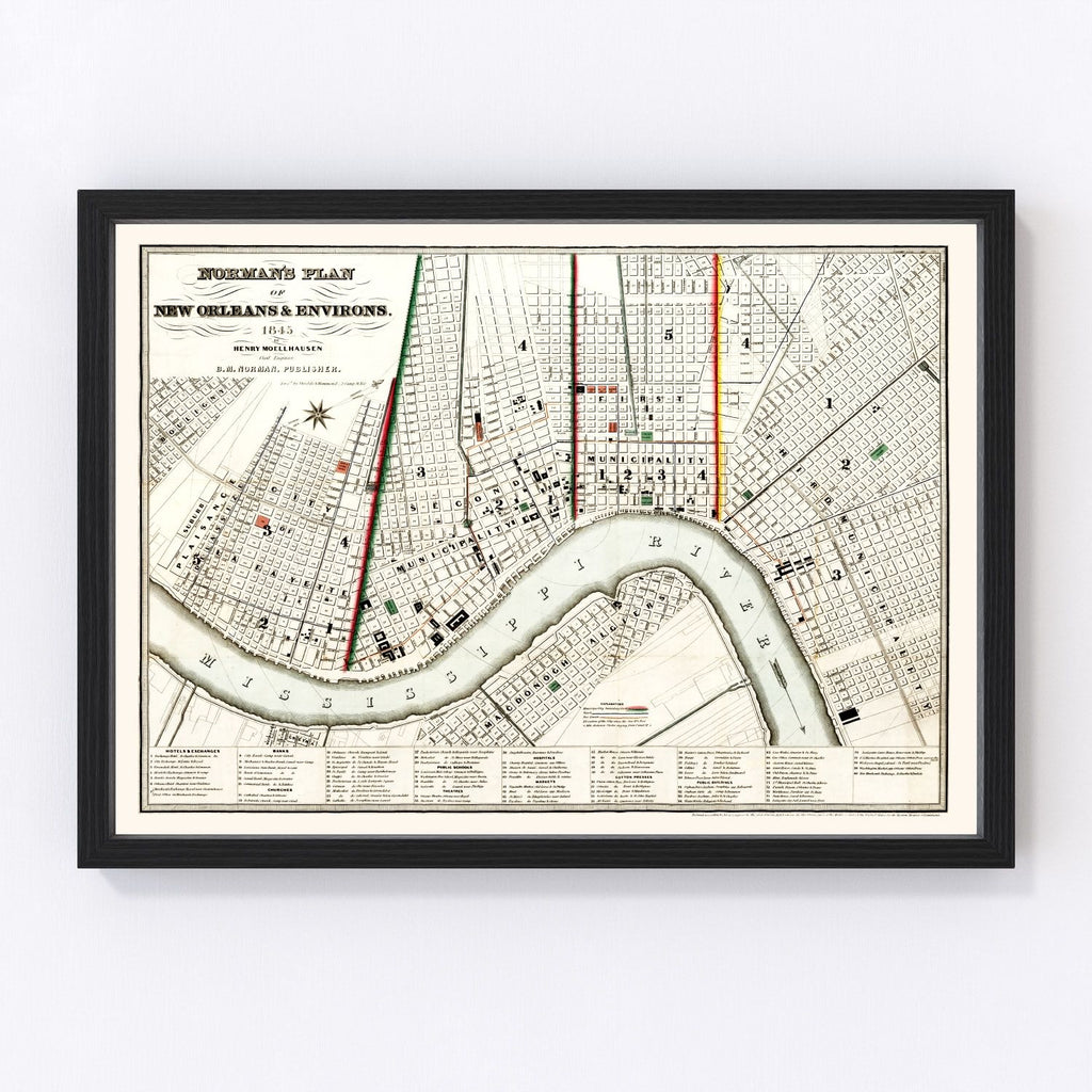 Vintage Map of New Orleans, Louisiana 1845