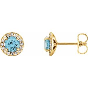 14K Yellow Gold 4.5 mm Natural Blue Zircon & 1/6 CTW Natural Diamond Earrings