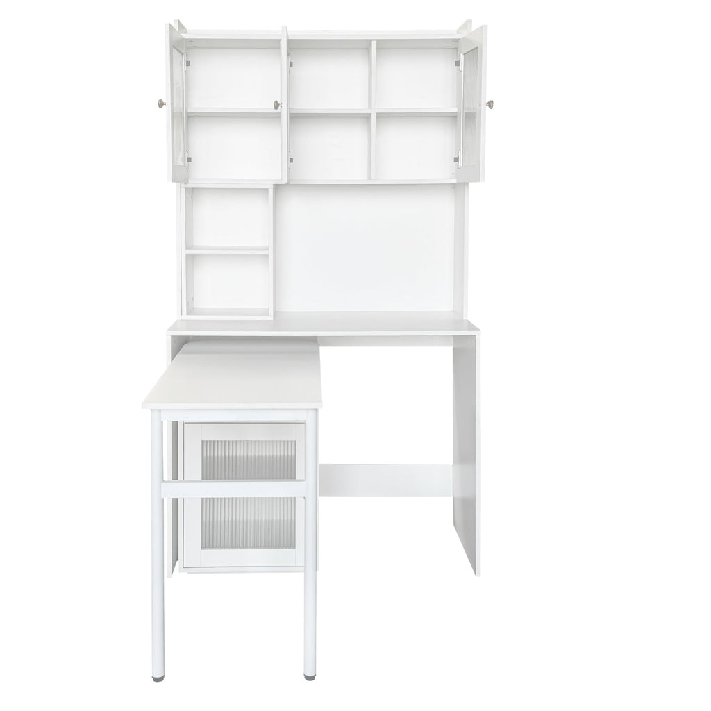 Computer Desk with glass door for Home Office or Study desk,  Bookshelf & Hutch, Computer Desk with 90 Degree Rotating Desktop,Large Working Space