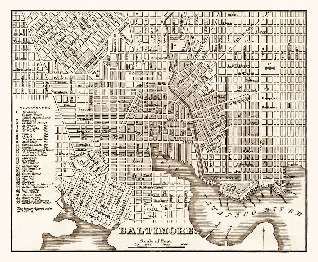 Vintage Map of Baltimore, Maryland 1846