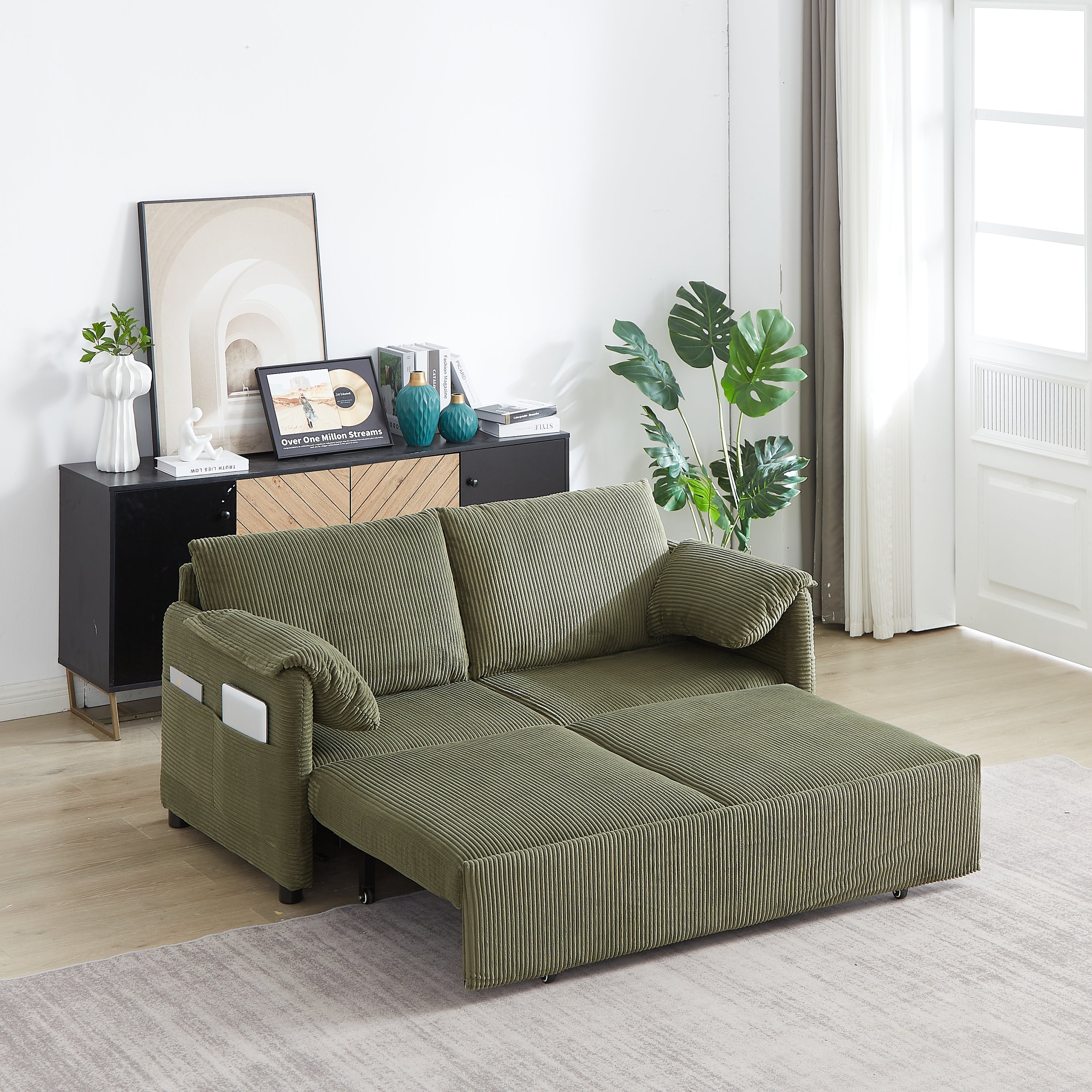 MH'' 64.5 Inch Sleeper Sofa Bed  3-in-1 Adjustable Sleeper with Pullout Bed   2 Pillows and Side Pockets  Soft Corduroy Convertible Sleeper Sofa Bed for Living Room Bedroom Apartment Office