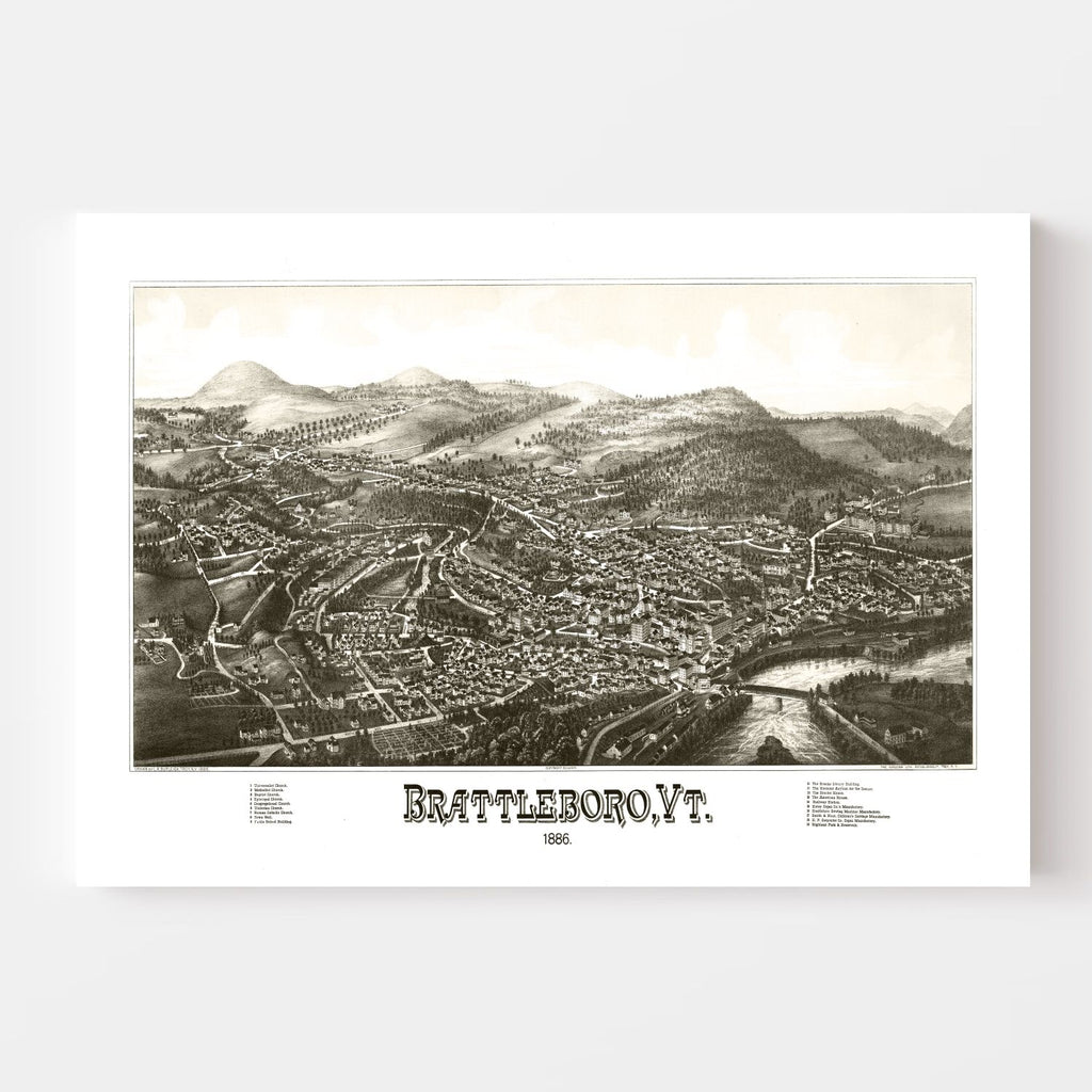 Vintage Map of Brattleboro, Vermont 1886