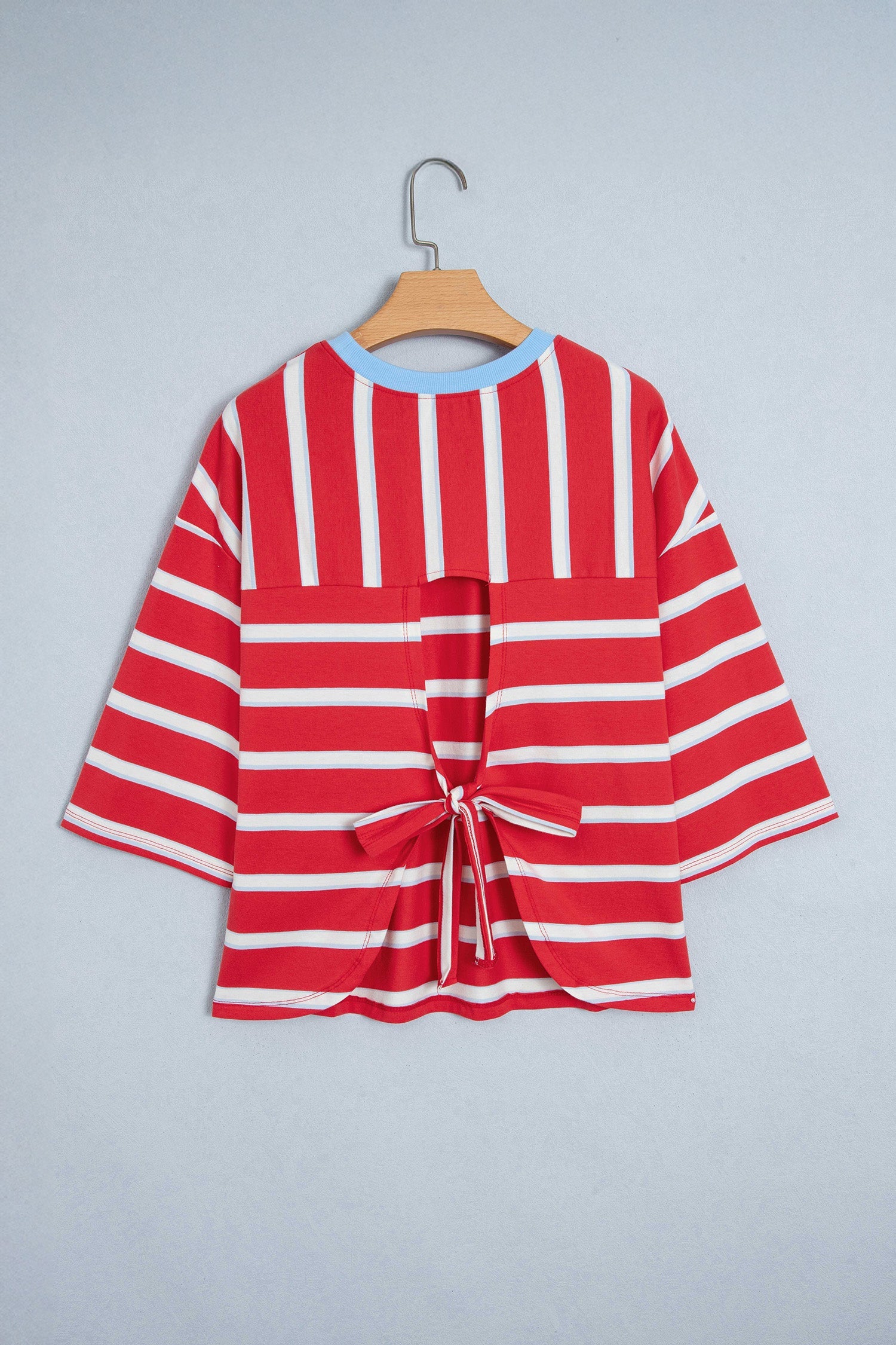 Stripe Bow Tie Hollow Back 3/4 Sleeve T-Shirt