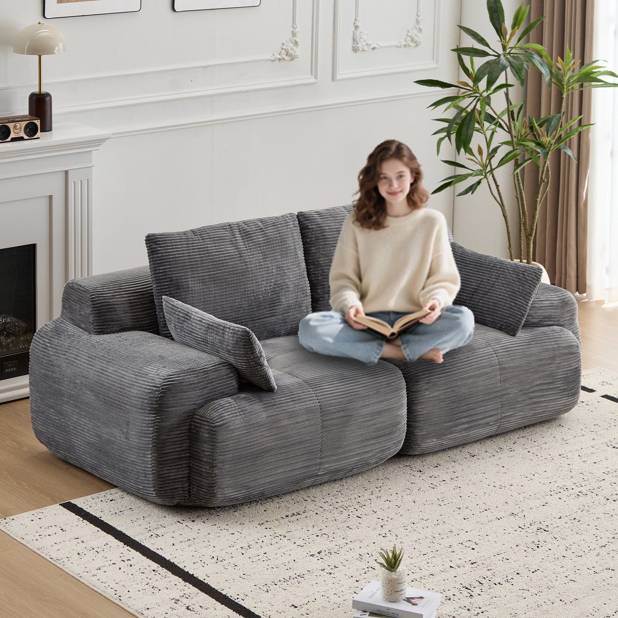 Modern Memory Foam Compressed Sofa,2 Seater Large Sectional Couches for Living Room,Pet-Friendly Cloud Modular Sectional Sofa,Corduroy Fabric,Extra Deep Loveseat,No Assembly required, Grey