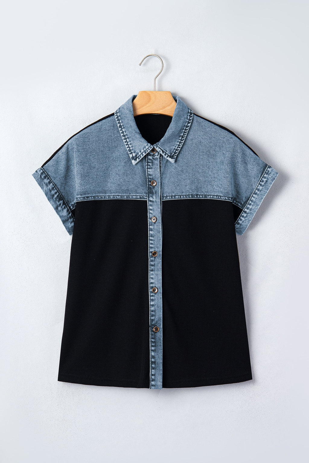 Colorblock Denim Patchwork Waffle Knit Buttoned Shirt
