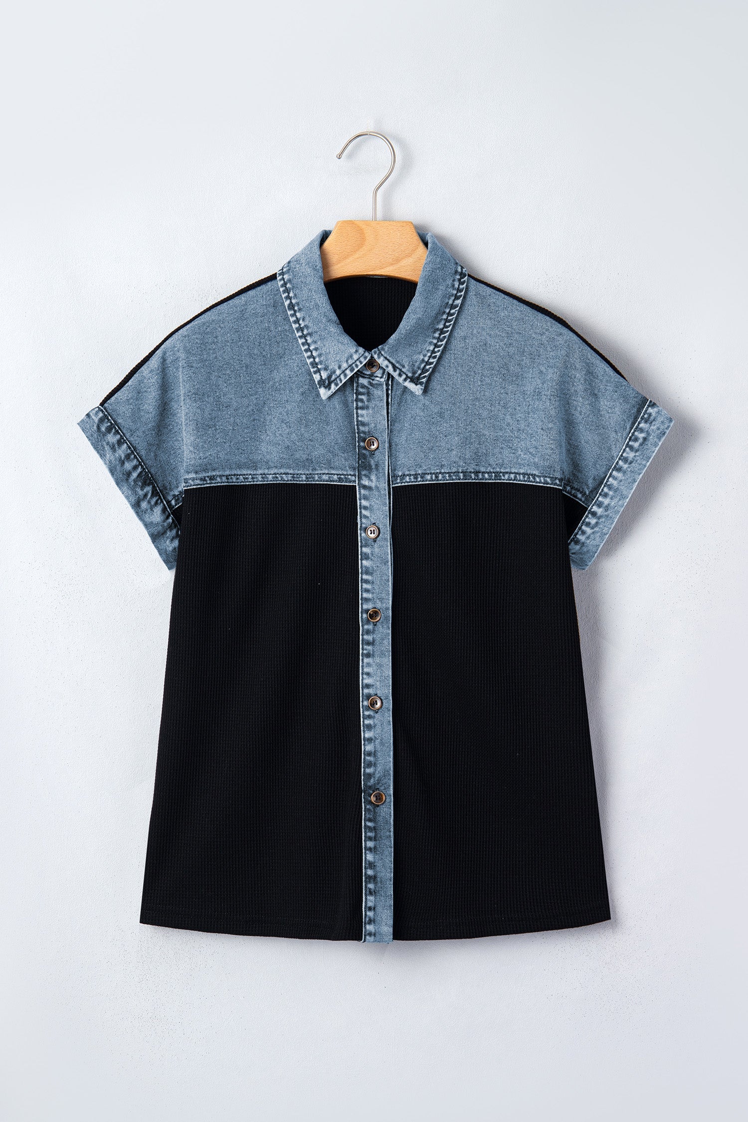 Colorblock Denim Patchwork Waffle Knit Buttoned Shirt