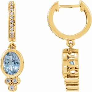 14K Yellow Gold Natural Aquamarine & 1/6 CTW Natural Diamond Hoop Earrings