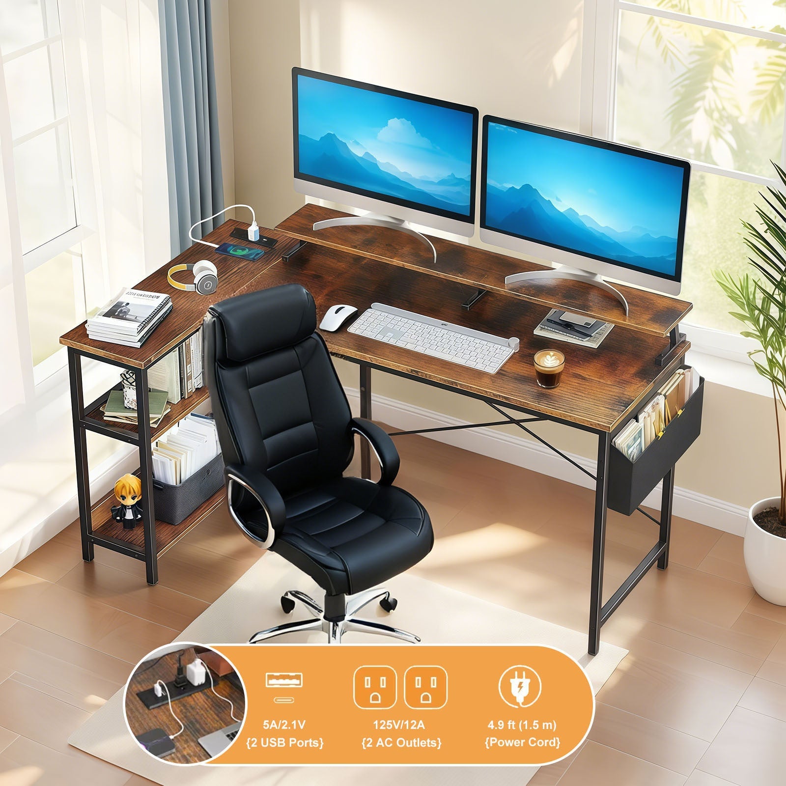 47'' Gaming Desk with Power Outlets, Reversible L Shaped Computer Desk with Monitor Stand & Storage Shelves, Corner Home Office Desk with Side Bag for Home Office, Bedroom, Small Space, Vintage