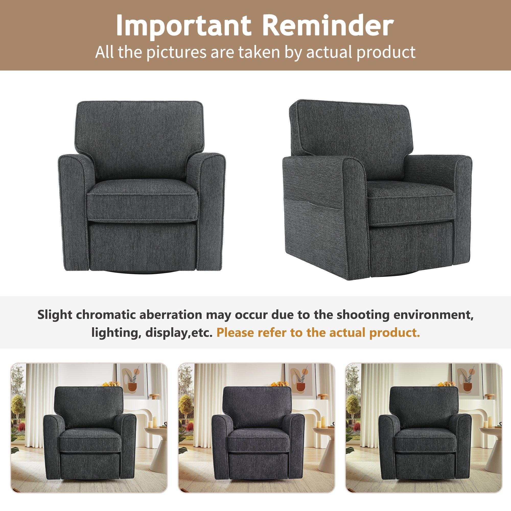 360° Swivel Chair Accent Barrel Armchair with Side Pockets, Grey Chenille, Compact Design for Living Room, Bedroom, Office