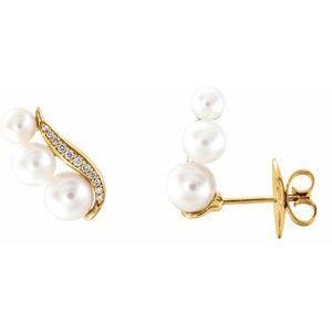 14K Yellow Gold Cultured White Freshwater Pearl & 1/10 CTW Natural Diamond Ear Climbers