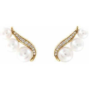 14K Yellow Gold Cultured White Freshwater Pearl & 1/10 CTW Natural Diamond Ear Climbers