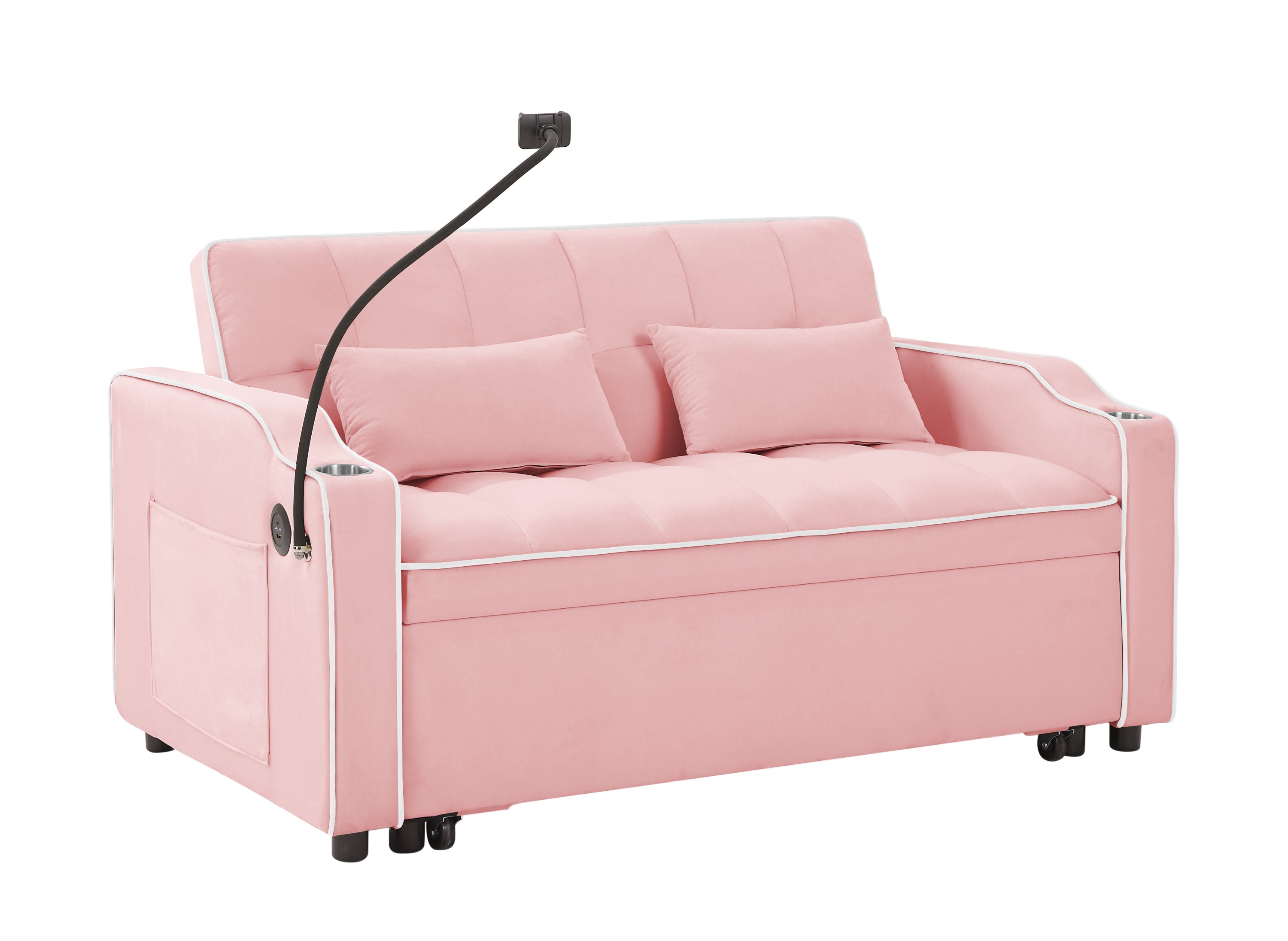 1 versatile foldable sofa bed in 3 lengths, modern sofa sofa sofa velvet pull-out bed, adjustable back and with USB port and ashtray and swivel phone stand (pink)