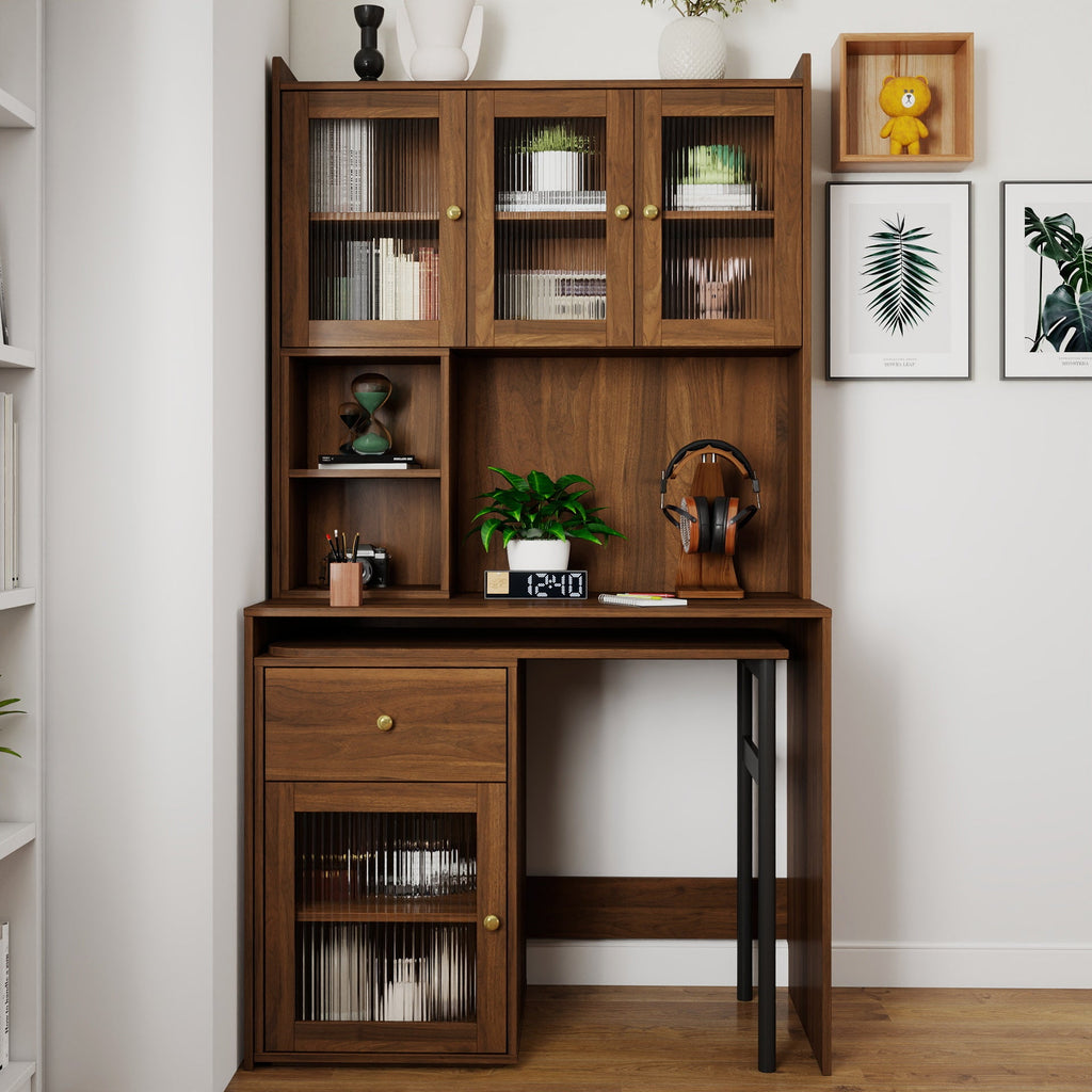 Computer Desk with glass door for Home Office or Study desk,  Bookshelf & Hutch, Computer Desk with 90 Degree Rotating Desktop,Large Working Space