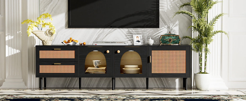 Rattan TV Stand with 3 Cabinets & 2 Drawers, Rattan-inspired Media Console Table for TVs up to 80'', LED Light Entertainment Center, TV cabinet for Living room, Bedroom, Home Theatre