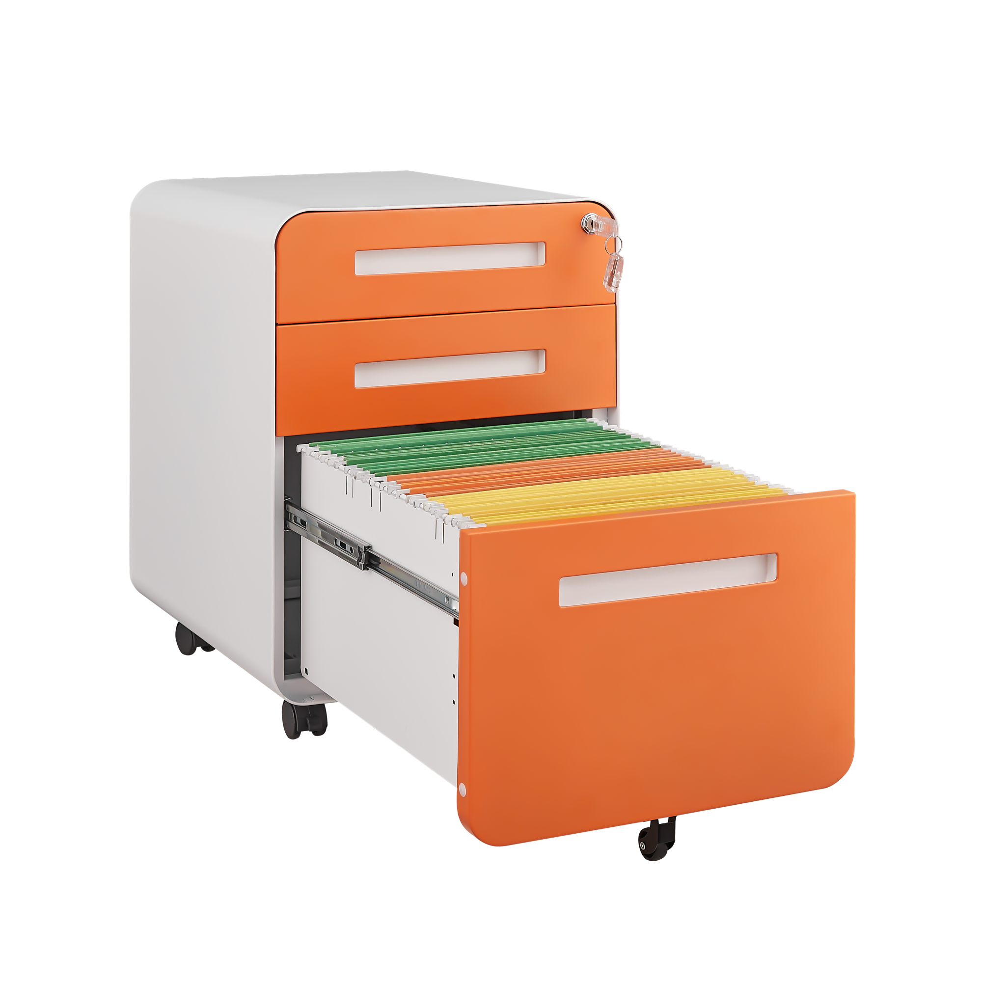 Rounded 3 drawer mobile filing cabinet, multifunctional legal/letter/A4 file storage cabinet, 5-wheel design anti tilt cold-rolled steel, with pencil storage box,