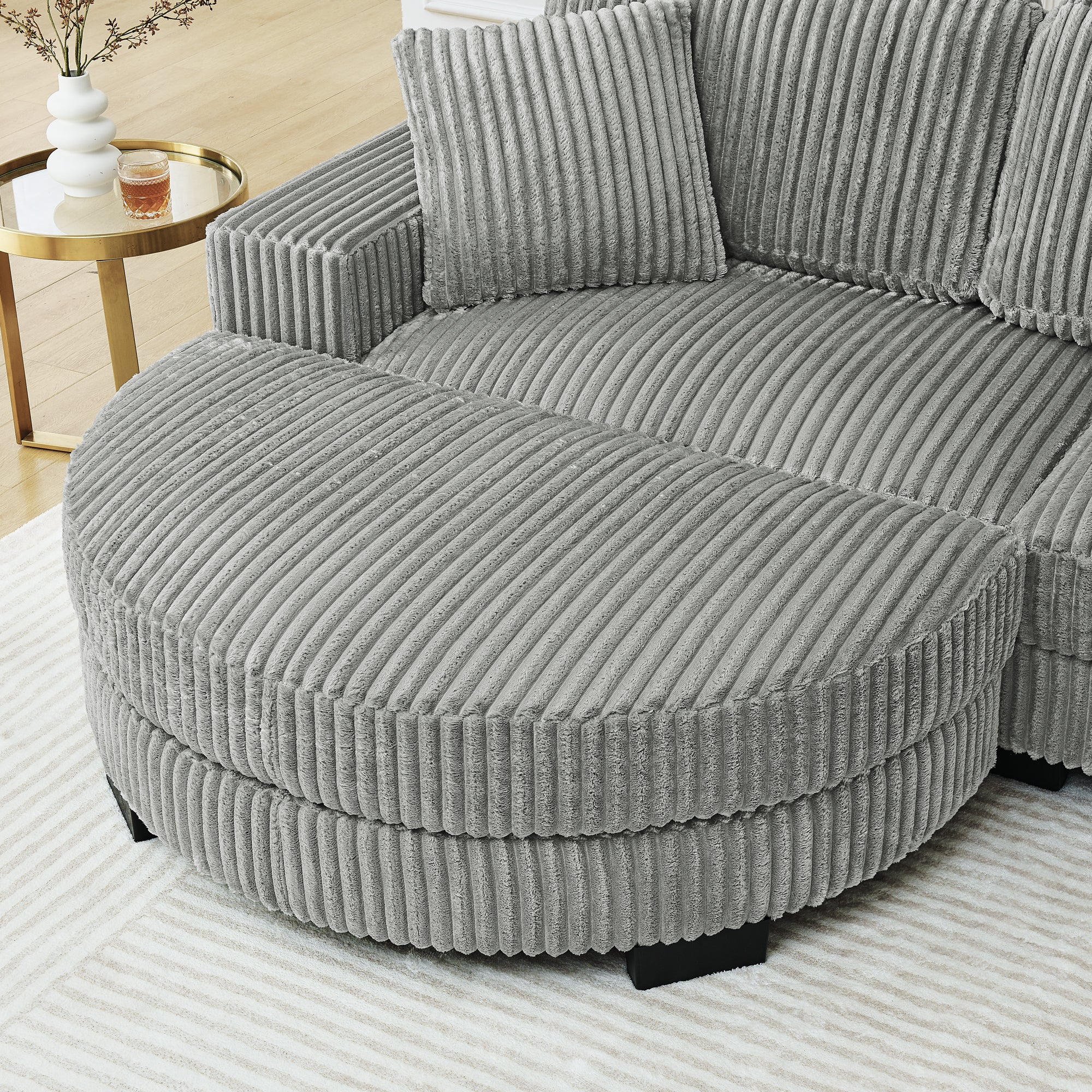 Corduroy Tufted Upholstered Sleeper Sectional Sofa, L-Shaped Modular Convertible Sofa , The arc-shaped footstool can be placed freely on the left and right-Gray