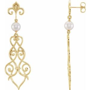 14K Yellow Gold Cultured White Akoya Pearl Fleur-De-Lis Scroll Earrings