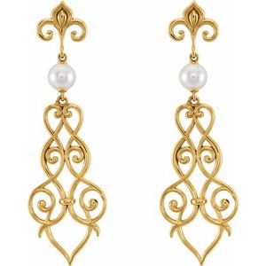 14K Yellow Gold Cultured White Akoya Pearl Fleur-De-Lis Scroll Earrings