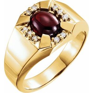 14K Yellow Gold Cabochon Mozambique Garnet & 1/6 CTW Natural Diamond Ring
