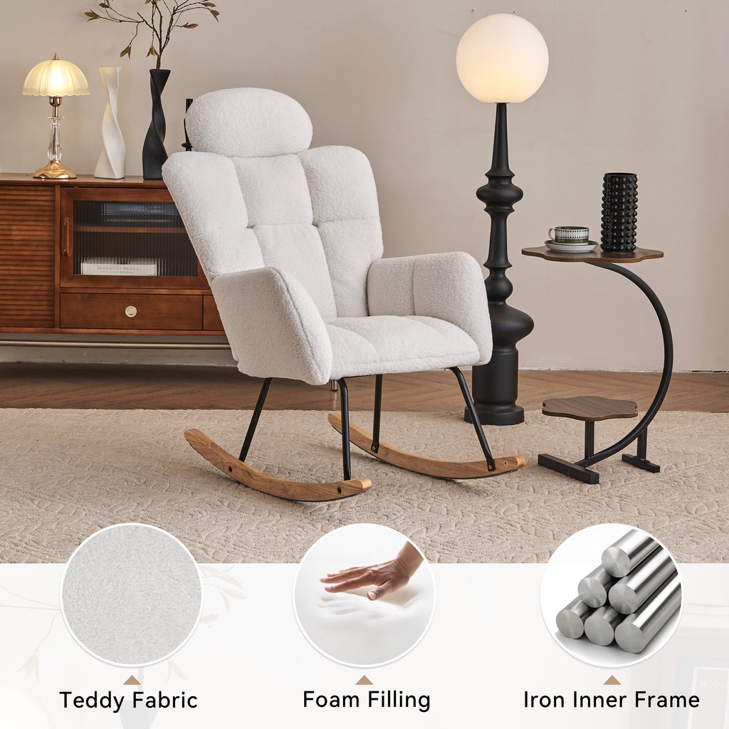 Modern Ivory Teddy Fabric Upholstered Nursery Rocking Glider Chair with Padded Seat and High Backrest