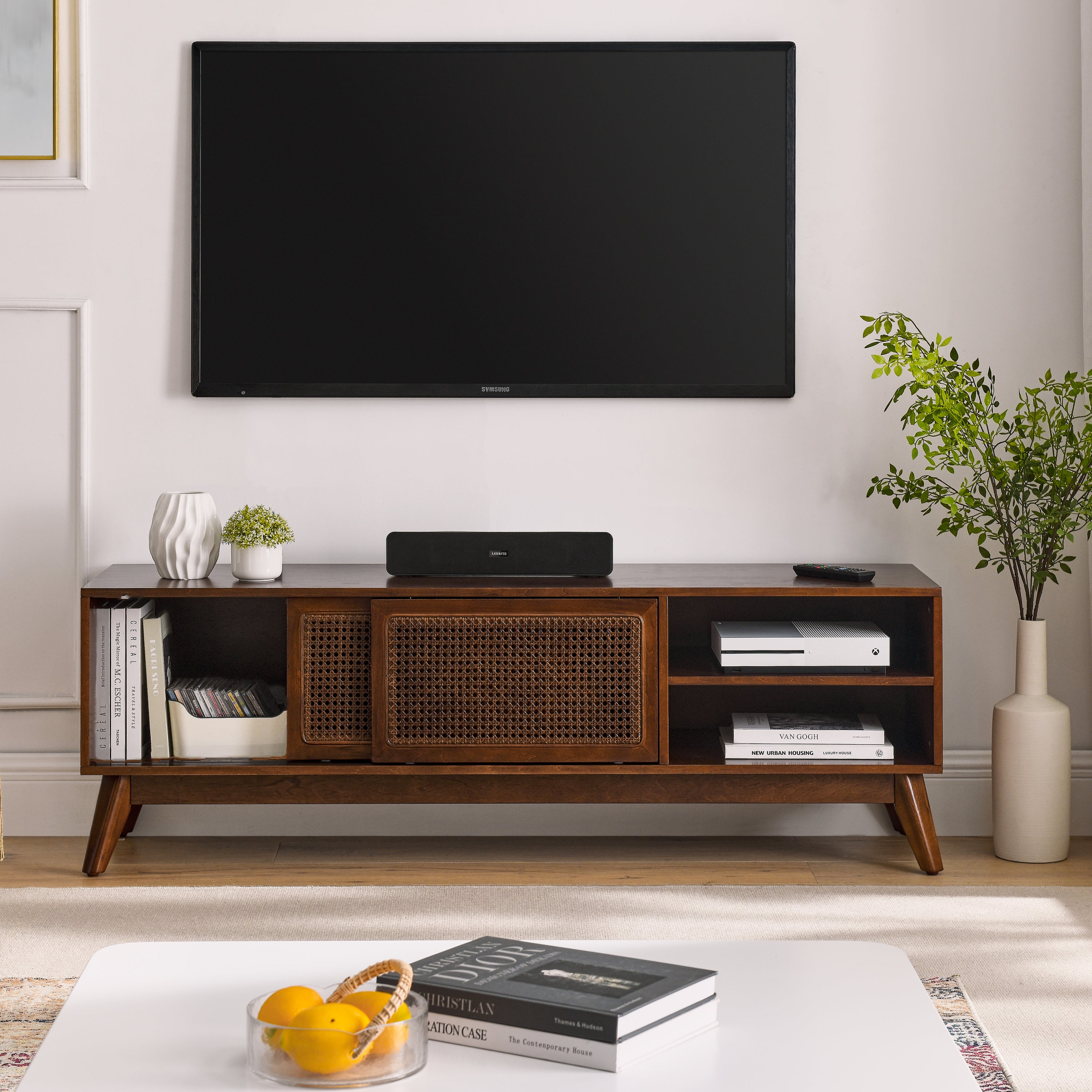 59 Inch Mid Century Modern Rattan TV Stand for 65 Inch TV, Entertainment Cabinet, Media Console for Living Room Media Room, Solid Wood Feet & Rattan Cabinet Doors - Dark Wood