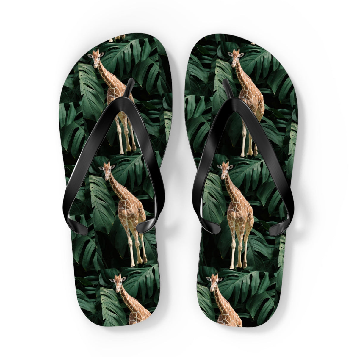 Tall Giraffe Surrounded by Greenery Flip Flops