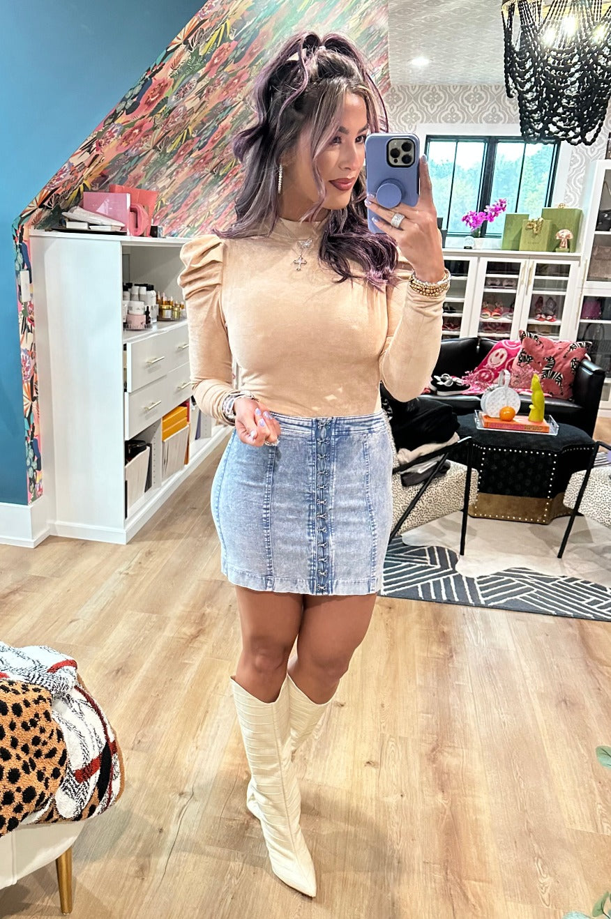 Suede tan bubble sleeve Bodysuit