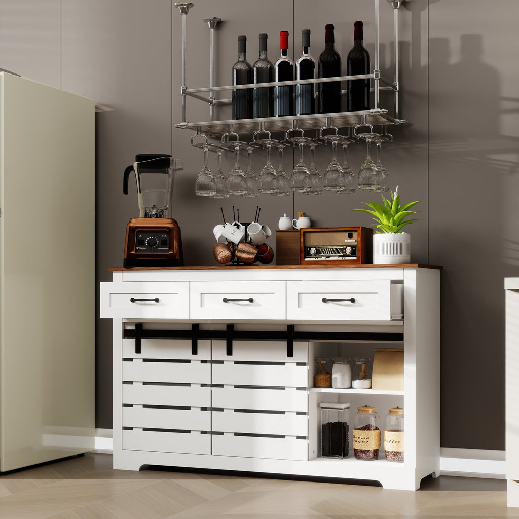 53' Farmhouse Sideboard Buffet Storage Cabinet with 3 Drawers, 2 Sliding Barn Doors, 2 Adjustable Shelves, Coffee Bar Cabinet for Kitchen, Living Room, Dining Room-White