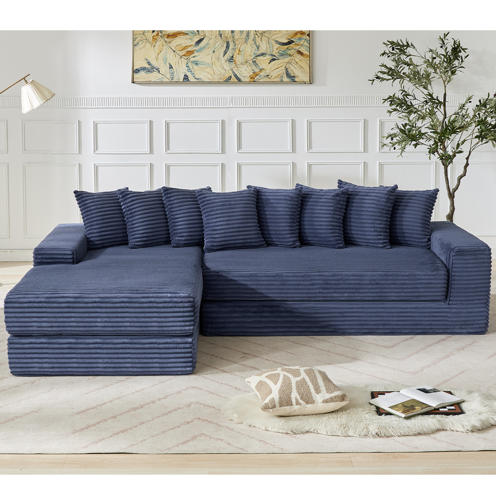 [NEW ARRIVED] [VIDEO PROVIDED]   Oversize Cloud Couch, L-Shape Sofa, Convertible Floor Sleeper Sofa Bed,  No Assembly ,Eight  pillows,3-in-1,Side Pocket,(Left Facing Sofa),3 Seat,Corduroy,Blue